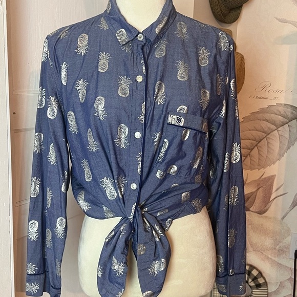 VICTORIAS SECRET PAJAMA TOP BLUE GOLD PINEAPPLES SZ MED TROPICAL METALLIC - Picture 2 of 8